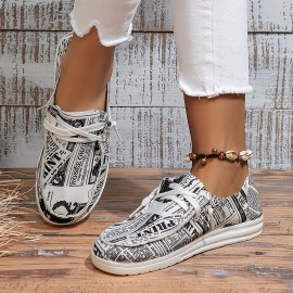 Women's Letter Print Canvas Shoes, Casual Lace Up Outdoor Sneakers, Lightweight Low Top Walking Shoes