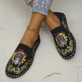 Women's China Peking Opera Embroidered Flats, Casual Breathable Cloth Slip On Shoes, Lightweight Low Top Flats