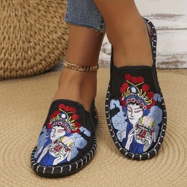 Women's China Peking Opera Embroidered Flats, Casual Breathable Cloth Slip On Shoes, Lightweight Low Top Flats