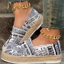 Women's Letter Print Canvas Shoes, Casual Slip On Outdoor Shoes, Comfortable Platform Espadrille Shoes