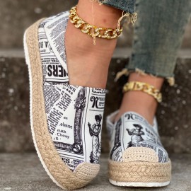 Women's Letter Print Canvas Shoes, Casual Slip On Outdoor Shoes, Comfortable Platform Espadrille Shoes