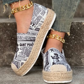 Women's Letter Print Canvas Shoes, Casual Slip On Outdoor Shoes, Comfortable Platform Espadrille Shoes