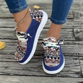 Women's Tribal Pattern Canvas Shoes, Casual Round Toe Low Top Flat Sneakers, Lightweight Outdoor Walking Shoes