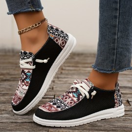 Women's Tribal Pattern Canvas Shoes, Casual Round Toe Low Top Flat Sneakers, Lightweight Outdoor Walking Shoes