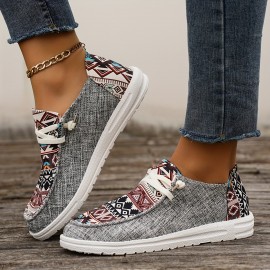 Women's Tribal Pattern Canvas Shoes, Casual Round Toe Low Top Flat Sneakers, Lightweight Outdoor Walking Shoes