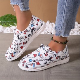 Women's Cartoon Print Canvas Shoes, Casual Round Toe Low Top Slip On Shoes, Lightweight Flat Walking Shoes