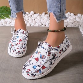 Women's Cartoon Print Canvas Shoes, Casual Round Toe Low Top Slip On Shoes, Lightweight Flat Walking Shoes