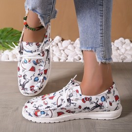 Women's Cartoon Print Canvas Shoes, Casual Round Toe Low Top Slip On Shoes, Lightweight Flat Walking Shoes