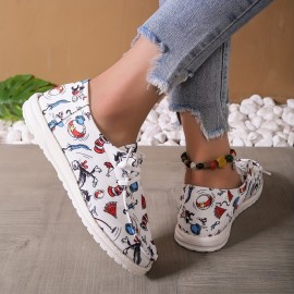 Women's Cartoon Print Canvas Shoes, Casual Round Toe Low Top Slip On Shoes, Lightweight Flat Walking Shoes