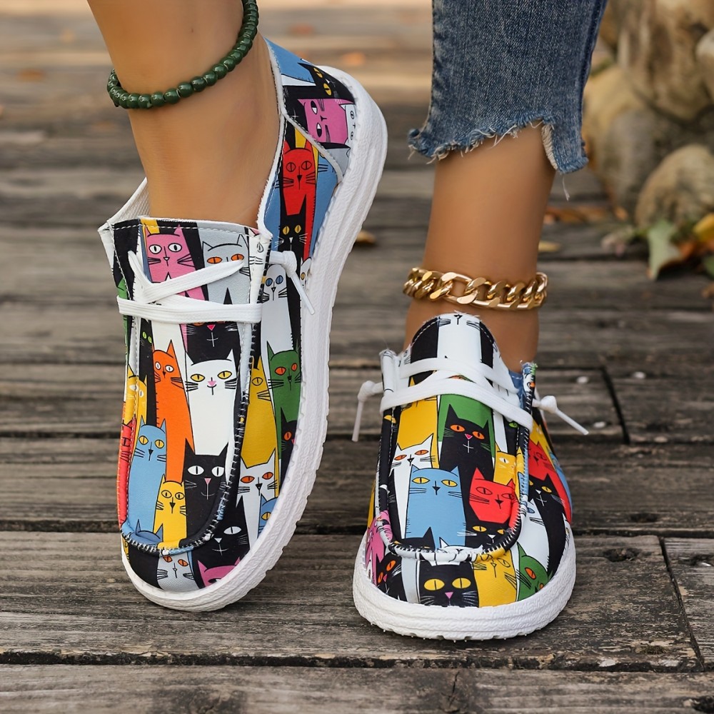 Women's Cute Cat Print Canvas Shoes, Casual Lace Up Outdoor Shoes, Lightweight Low Top Sneakers