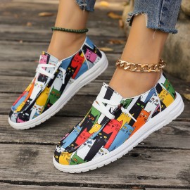 Women's Cute Cat Print Canvas Shoes, Casual Lace Up Outdoor Shoes, Lightweight Low Top Sneakers