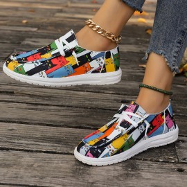 Women's Cute Cat Print Canvas Shoes, Casual Lace Up Outdoor Shoes, Lightweight Low Top Sneakers