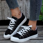 Women's Balck Canvas Shoes, Casual Lace Up Flat Sneakers, Women's Comfy Daily Outdoor Shoes