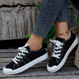 Women's Balck Canvas Shoes, Casual Lace Up Flat Sneakers, Women's Comfy Daily Outdoor Shoes