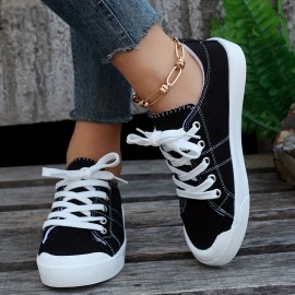 Women's Balck Canvas Shoes, Casual Lace Up Flat Sneakers, Women's Comfy Daily Outdoor Shoes