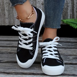 Women's Balck Canvas Shoes, Casual Lace Up Flat Sneakers, Women's Comfy Daily Outdoor Shoes