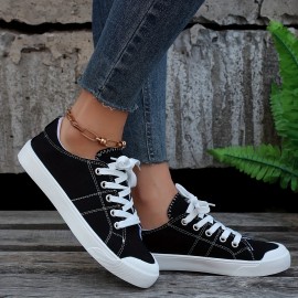 Women's Balck Canvas Shoes, Casual Lace Up Flat Sneakers, Women's Comfy Daily Outdoor Shoes