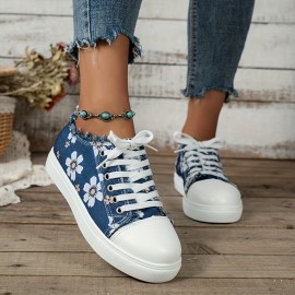 Women's Floral Printed Canvas Shoes, Round Toe Lace Up Low Top Sneakers, Casual Flat Walking Shoes