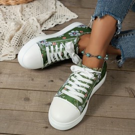 Women's Floral Printed Canvas Shoes, Round Toe Lace Up Low Top Sneakers, Casual Flat Walking Shoes