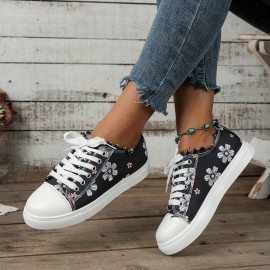 Women's Floral Printed Canvas Shoes, Round Toe Lace Up Low Top Sneakers, Casual Flat Walking Shoes