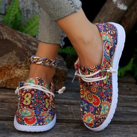 Women's Colorful Pattern Canvas Shoes, Slip On Low-top Round Toe Lightweight Non-slip Flat Shoes, Comfy Daily Shoes