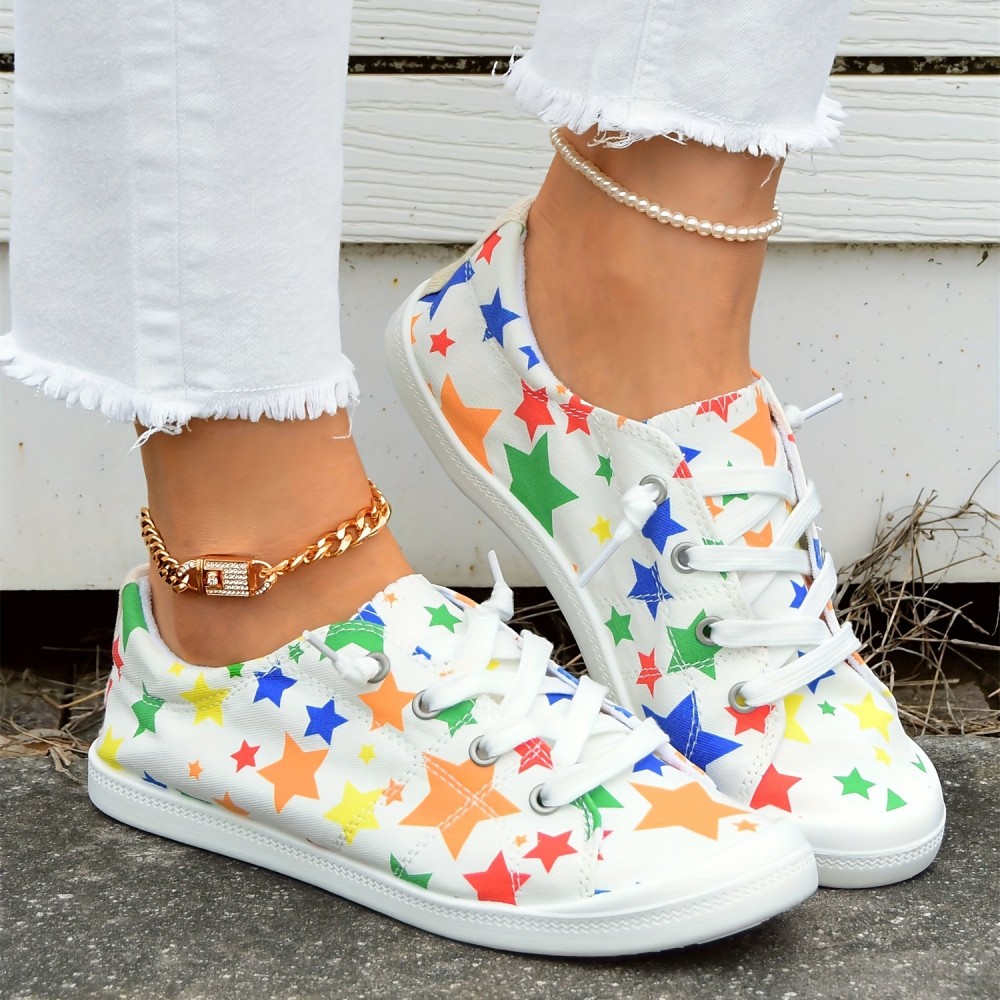 Women's Star Printed Canvas Shoes, Colorful Lace Up Low Top Flat Shoes, Casual Walking Sneakers