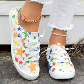 Women's Star Printed Canvas Shoes, Colorful Lace Up Low Top Flat Shoes, Casual Walking Sneakers