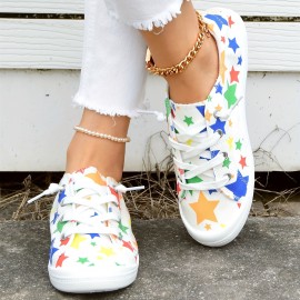 Women's Star Printed Canvas Shoes, Colorful Lace Up Low Top Flat Shoes, Casual Walking Sneakers