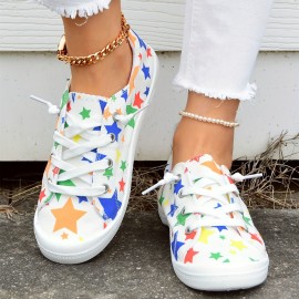 Women's Star Printed Canvas Shoes, Colorful Lace Up Low Top Flat Shoes, Casual Walking Sneakers