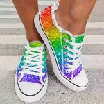 Women's Glitter Rainbow Print Canvas Shoes, Stylish Lace Up Outdoor Shoes, Comfortable Low Top Sneakers for carnival