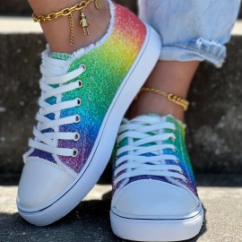 Women's Glitter Rainbow Print Canvas Shoes, Stylish Lace Up Outdoor Shoes, Comfortable Low Top Sneakers for carnival