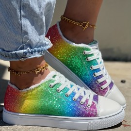 Women's Glitter Rainbow Print Canvas Shoes, Stylish Lace Up Outdoor Shoes, Comfortable Low Top Sneakers for carnival