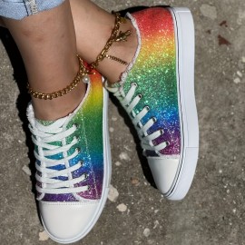 Women's Glitter Rainbow Print Canvas Shoes, Stylish Lace Up Outdoor Shoes, Comfortable Low Top Sneakers for carnival