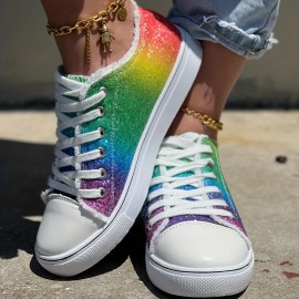 Women's Glitter Rainbow Print Canvas Shoes, Stylish Lace Up Outdoor Shoes, Comfortable Low Top Sneakers for carnival