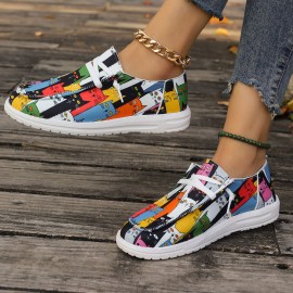 Women's Cats Pattern Canvas Shoes, Trendy Lace Up Round Toe Low Top Sneakers, Casual Lightweight Walking Flat Shoes