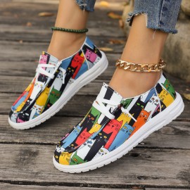 Women's Cats Pattern Canvas Shoes, Trendy Lace Up Round Toe Low Top Sneakers, Casual Lightweight Walking Flat Shoes