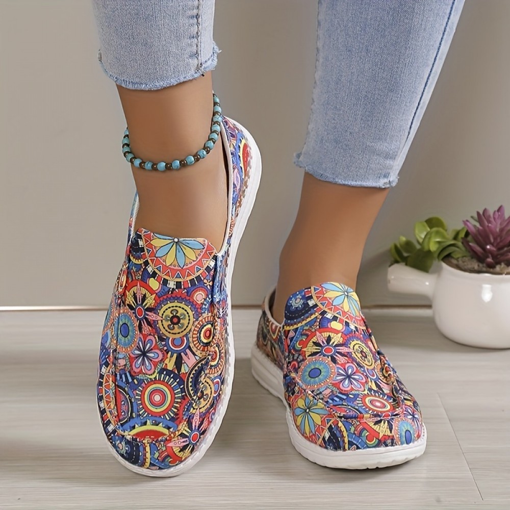 Women's Multicolor Floral Print Shoes, Slip On Round Toe Low-top Flat Non-slip Canvas Shos, Outdoor Casual Daily Shoes