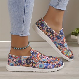 Women's Multicolor Floral Print Shoes, Slip On Round Toe Low-top Flat Non-slip Canvas Shos, Outdoor Casual Daily Shoes