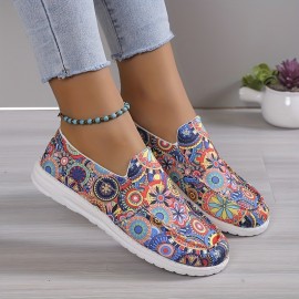 Women's Multicolor Floral Print Shoes, Slip On Round Toe Low-top Flat Non-slip Canvas Shos, Outdoor Casual Daily Shoes