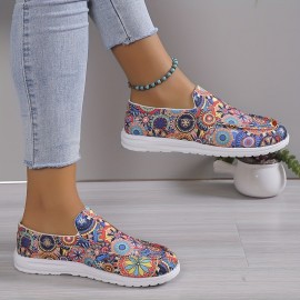 Women's Multicolor Floral Print Shoes, Slip On Round Toe Low-top Flat Non-slip Canvas Shos, Outdoor Casual Daily Shoes