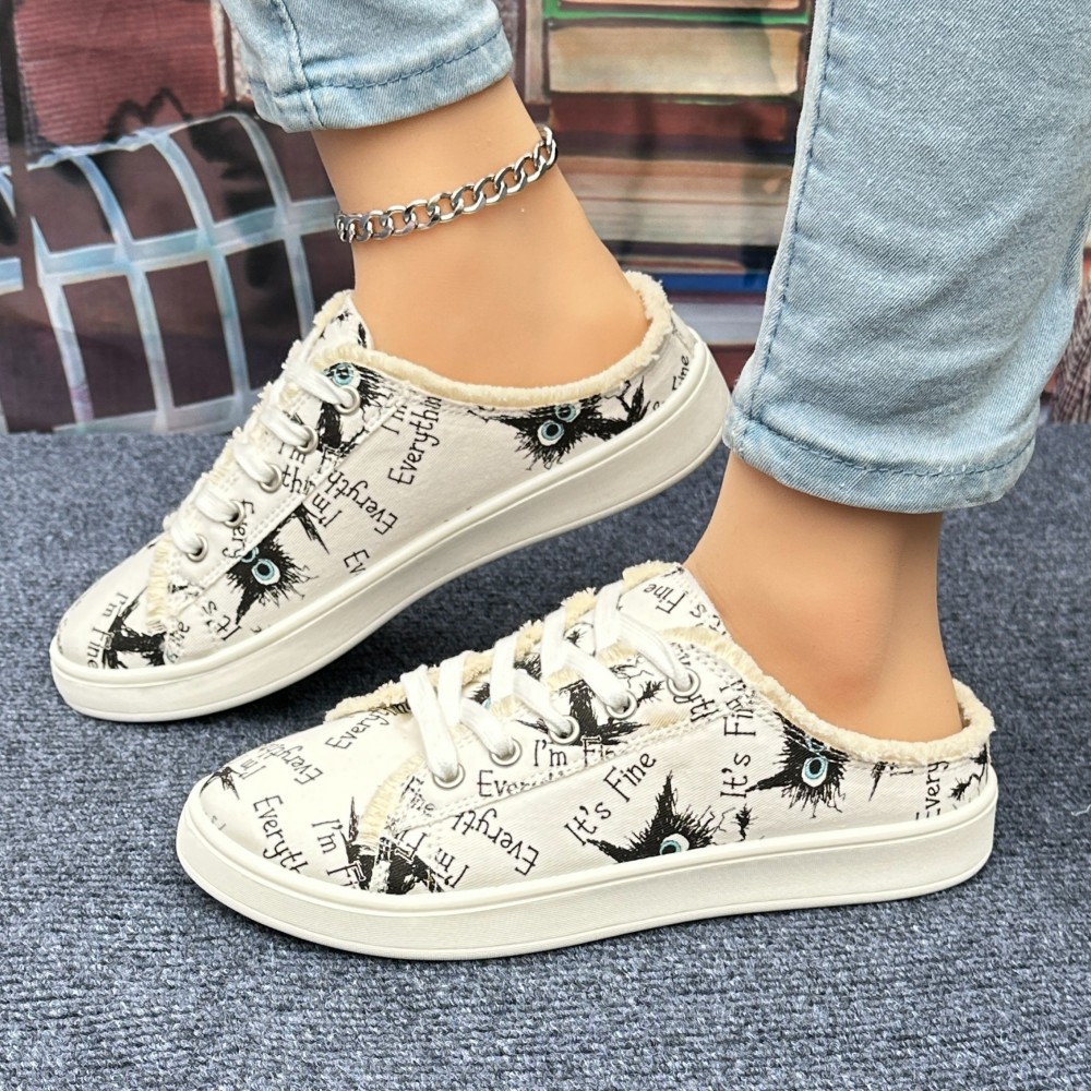 Women's Letter Print Canvas Shoes, Casual Lace Up Outdoor Shoes, Lightweight Low Top Sneakers