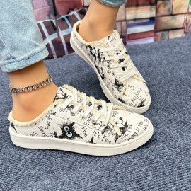 Women's Letter Print Canvas Shoes, Casual Lace Up Outdoor Shoes, Lightweight Low Top Sneakers