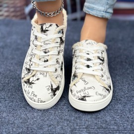 Women's Letter Print Canvas Shoes, Casual Lace Up Outdoor Shoes, Lightweight Low Top Sneakers