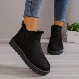 Women's Plus Fleece Snow Boots, Winter Warm Slip On Flat Short Boots, Thermal Solid Color Outdoor Ankle Boots