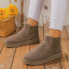 Women's Plus Fleece Snow Boots, Winter Warm Slip On Flat Short Boots, Thermal Solid Color Outdoor Ankle Boots