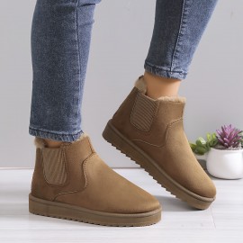 Women's Plus Fleece Snow Boots, Winter Warm Slip On Flat Short Boots, Thermal Solid Color Outdoor Ankle Boots