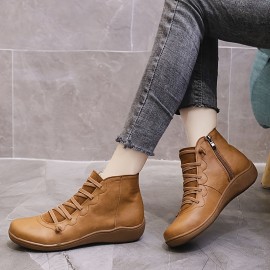 Women's Flat Lace Up High Top Boots, Solid Color Comfortable Zipper Flat Sneakers, Women's Footwear