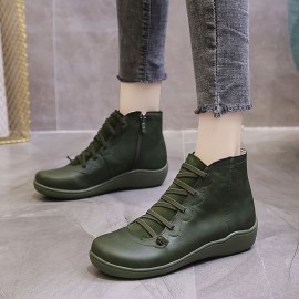 Women's Flat Lace Up High Top Boots, Solid Color Comfortable Zipper Flat Sneakers, Women's Footwear