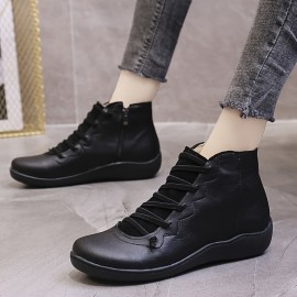 Women's Flat Lace Up High Top Boots, Solid Color Comfortable Zipper Flat Sneakers, Women's Footwear