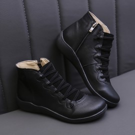 Women's Flat Lace Up High Top Boots, Solid Color Comfortable Zipper Flat Sneakers, Women's Footwear